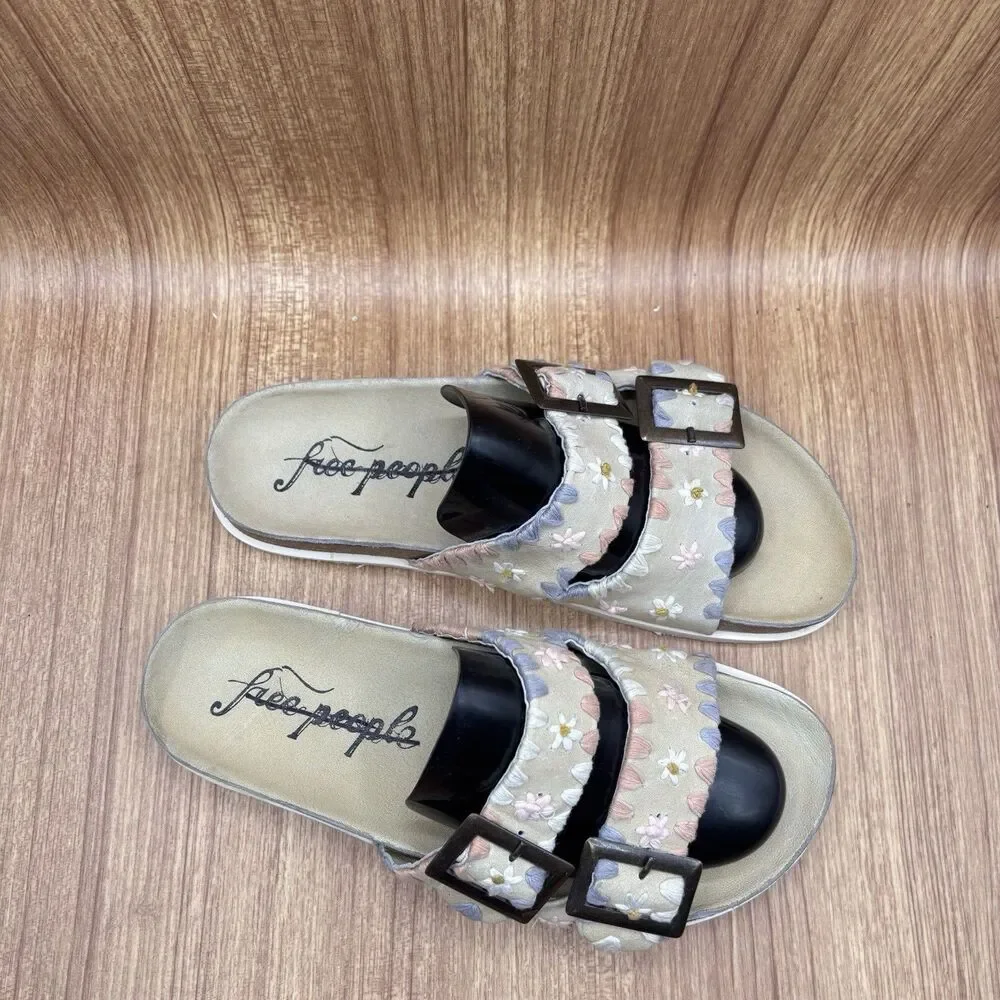 Free People Wildflowers 40 / 10 Embroidered Sandals Floral Beige Tan‎ Buckle